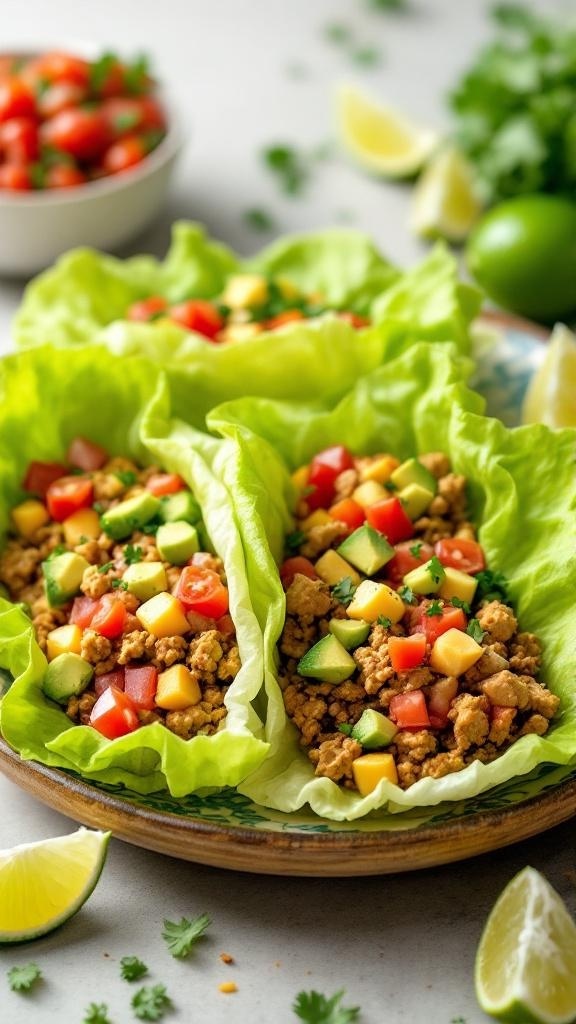 Zesty Turkey Taco Lettuce Wraps with diced vegetables and lime
