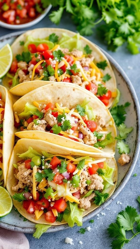 A plate of zesty turkey tacos topped with fresh salsa, lettuce, and cheese, garnished with lime and cilantro.