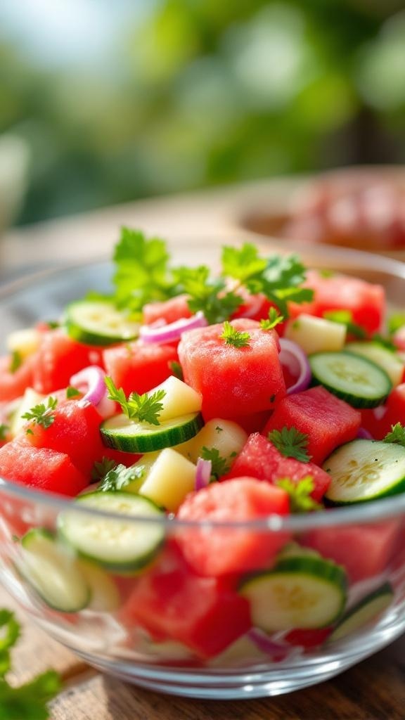 A vibrant bowl of zesty watermelon and cucumber salad with fresh herbs.