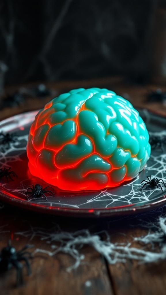 A spooky Zombie Brain Jello dessert surrounded by spider decorations.