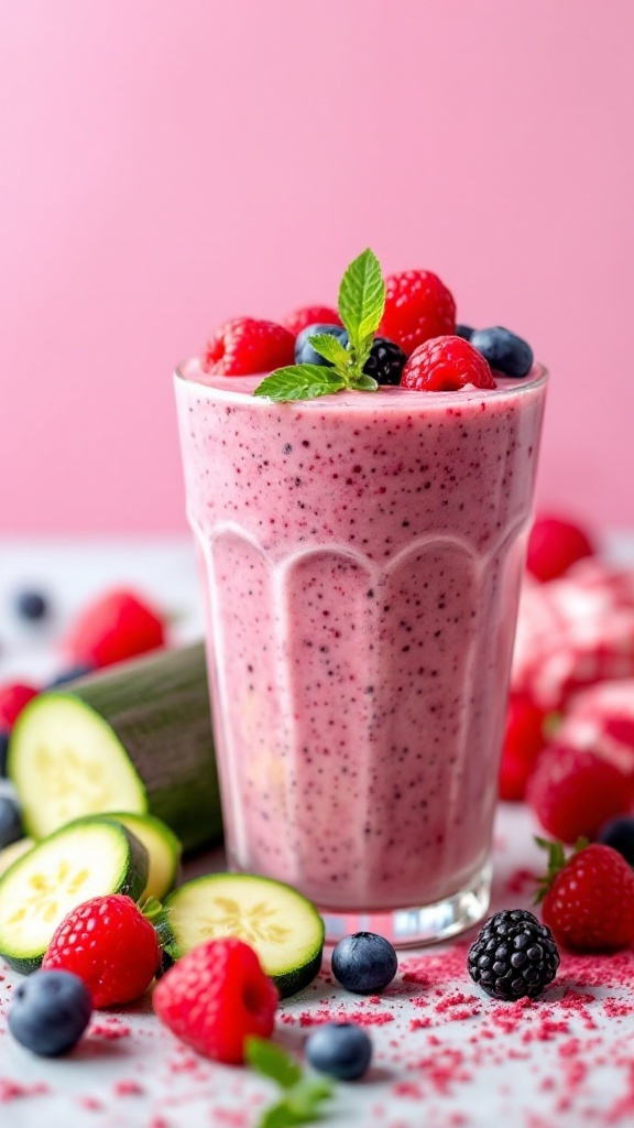Zucchini and berry smoothie in a glass garnished with fresh berries and mint.