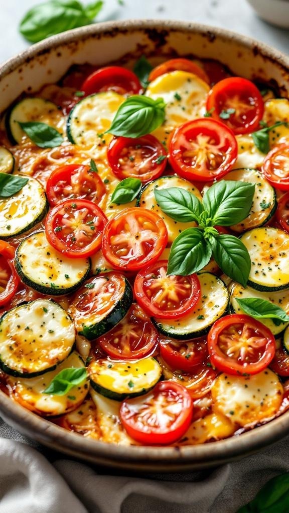 A colorful zucchini and tomato casserole topped with fresh basil.