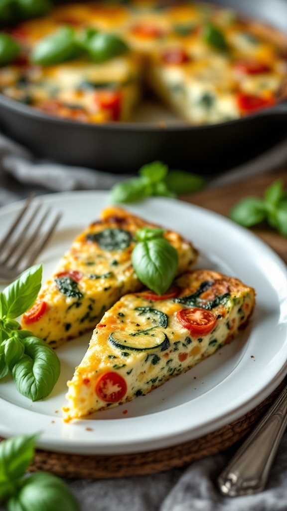 A slice of zucchini and tomato frittata bake on a plate with basil leaves