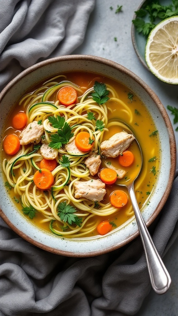 A bowl of zucchini noodle chicken soup with shredded chicken, carrots, and parsley.
