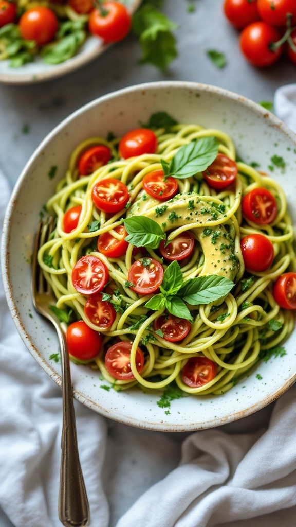 A bowl of zucchini noodles topped with avocado pesto, cherry tomatoes, and fresh basil.