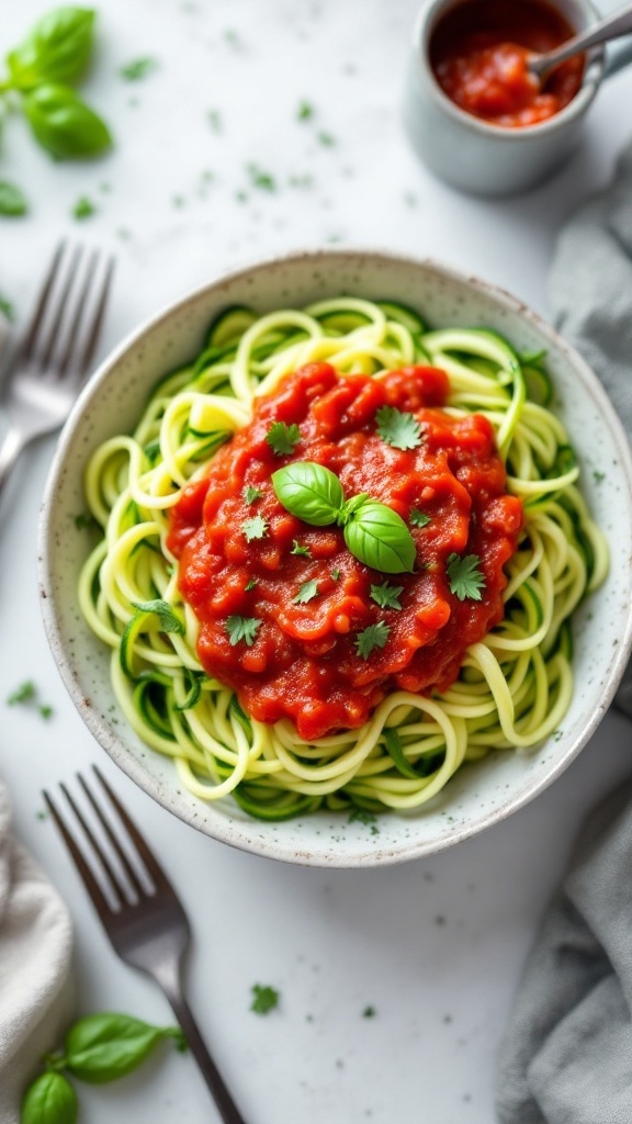 Zucchini noodles topped with marinara sauce and fresh basil
