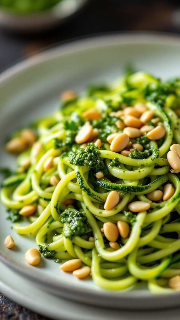 A plate of zucchini noodles topped with pesto and pine nuts.