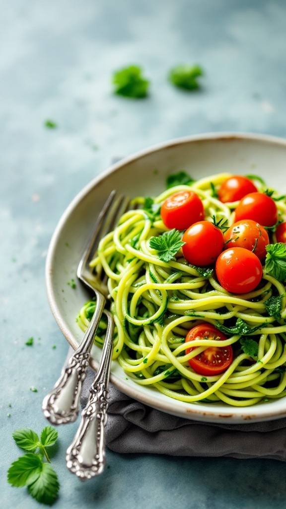 A plate of zucchini noodles topped with pesto and cherry tomatoes