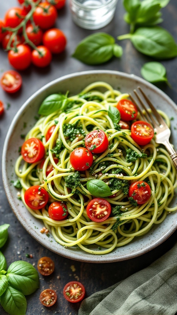A plate of zucchini noodles topped with pesto and cherry tomatoes.