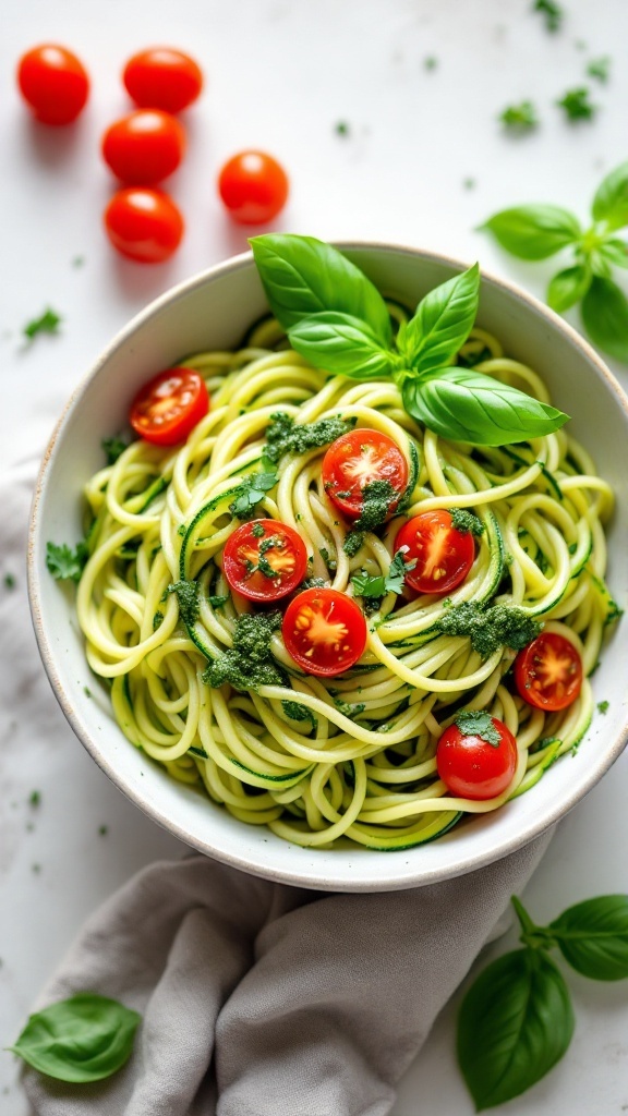 A bowl of zucchini noodles topped with pesto and cherry tomatoes, garnished with basil.