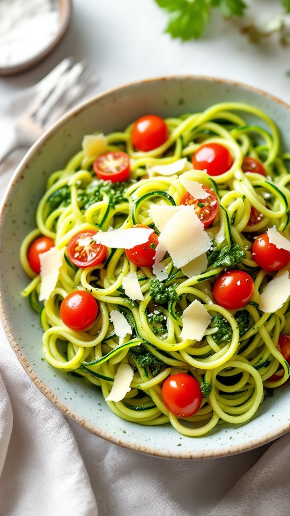 A bowl of zucchini noodles topped with pesto and cherry tomatoes