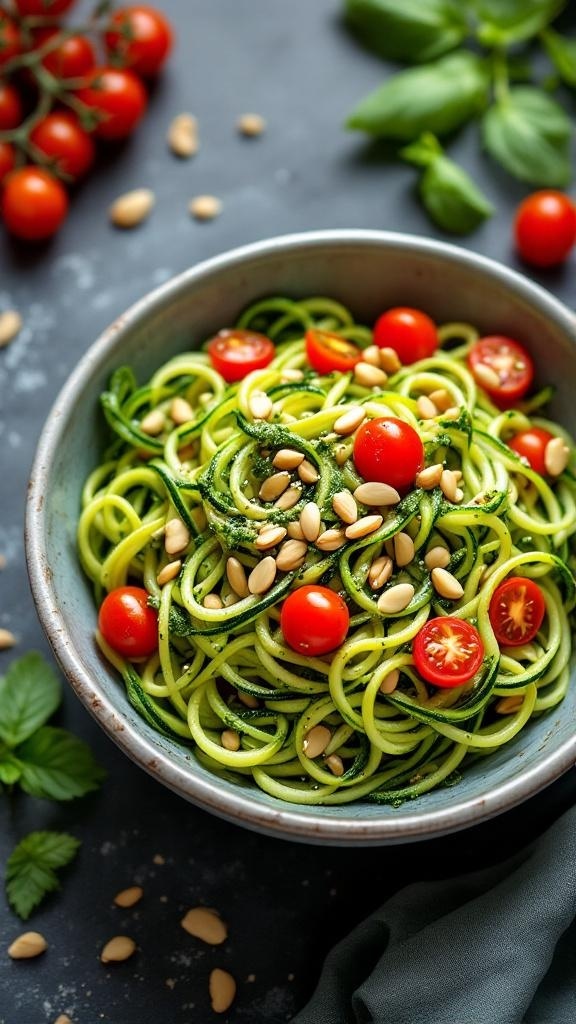 A bowl of zucchini noodles with pesto and cherry tomatoes, garnished with pine nuts.