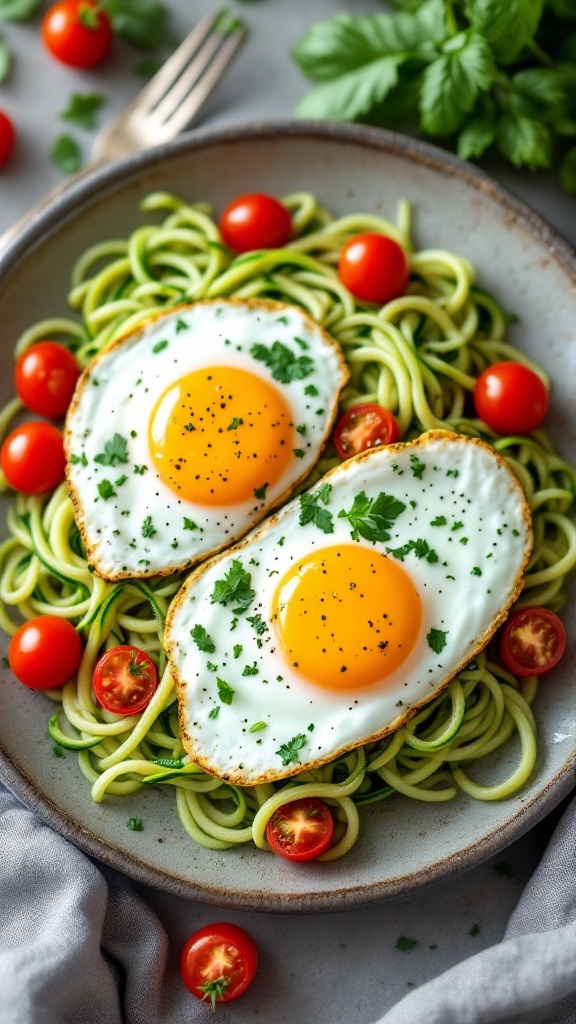 A plate of zucchini noodles topped with pesto and two sunny-side-up eggs, garnished with cherry tomatoes.