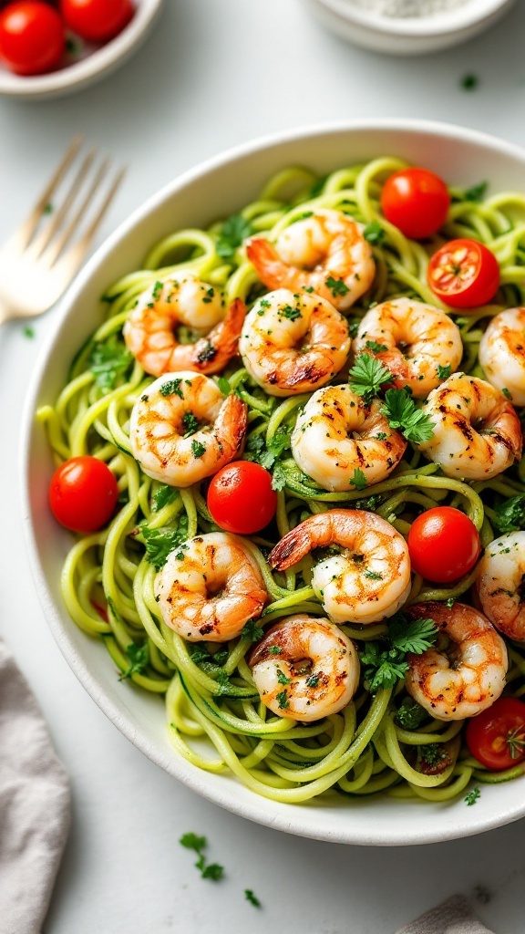 Zucchini noodles with pesto and grilled shrimp served in a bowl.