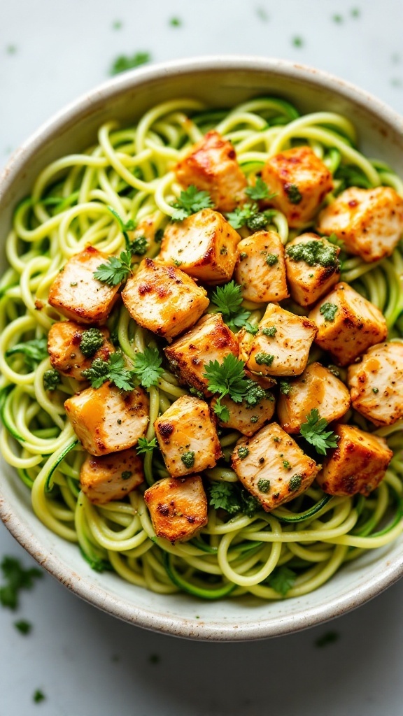 Zucchini noodles topped with spicy chicken and pesto