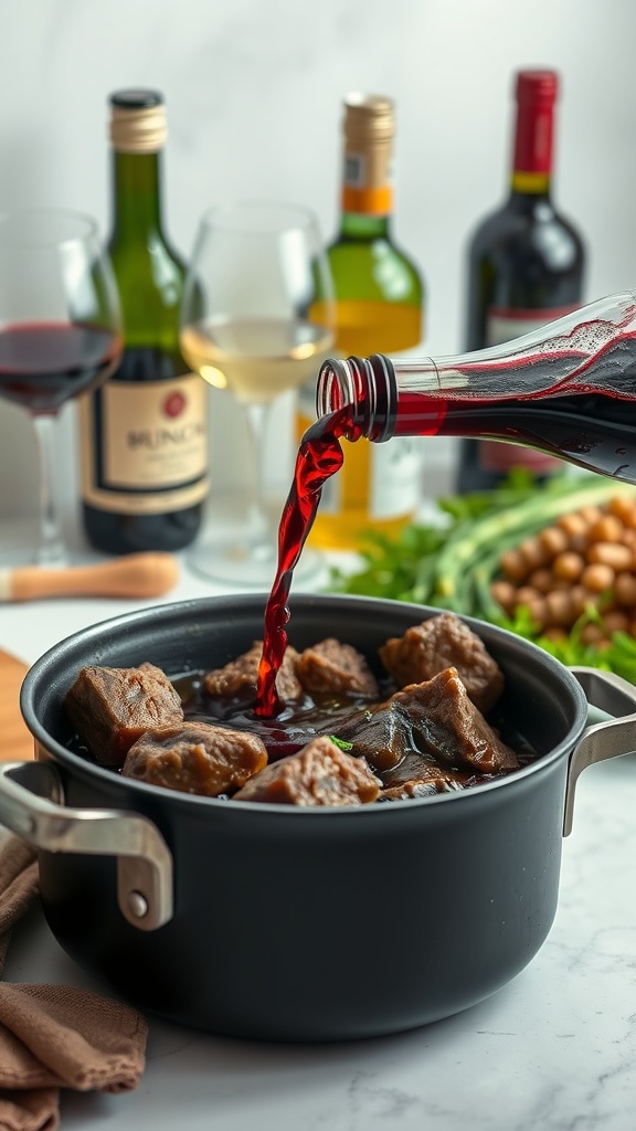 A pot of beef stew being prepared with red wine being poured in.