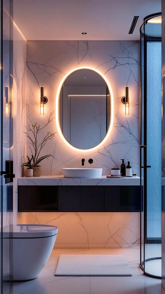 A modern bathroom with accent lighting, featuring a round illuminated mirror and stylish sconces.