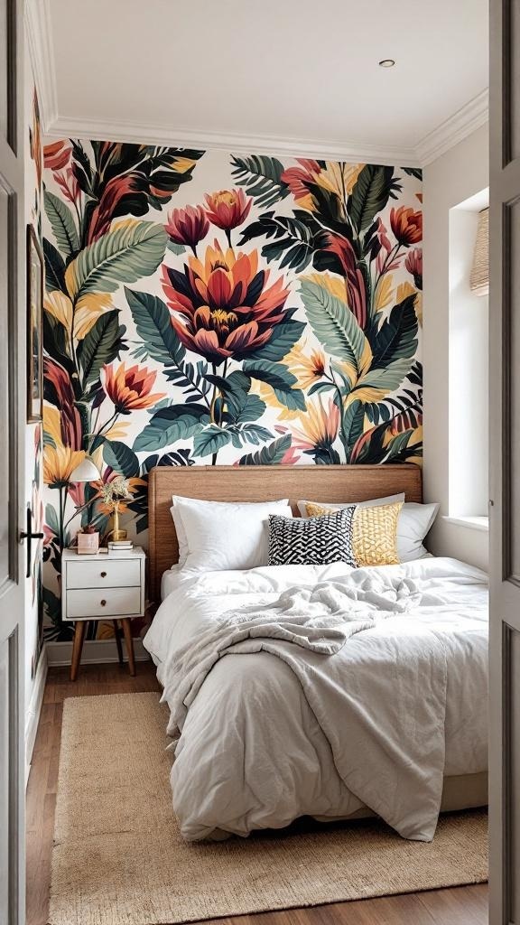 A small bedroom featuring a vibrant floral accent wall, a wooden bed frame, and neutral bedding.