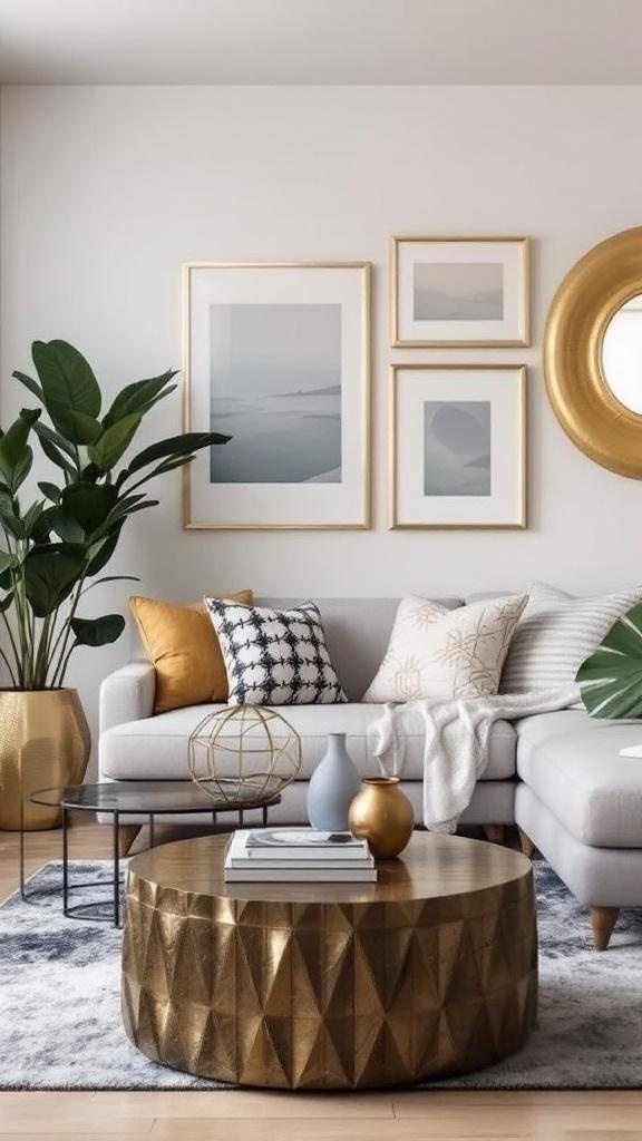 A stylish small living room featuring a gray sofa, a gold-accented coffee table, and green plants.