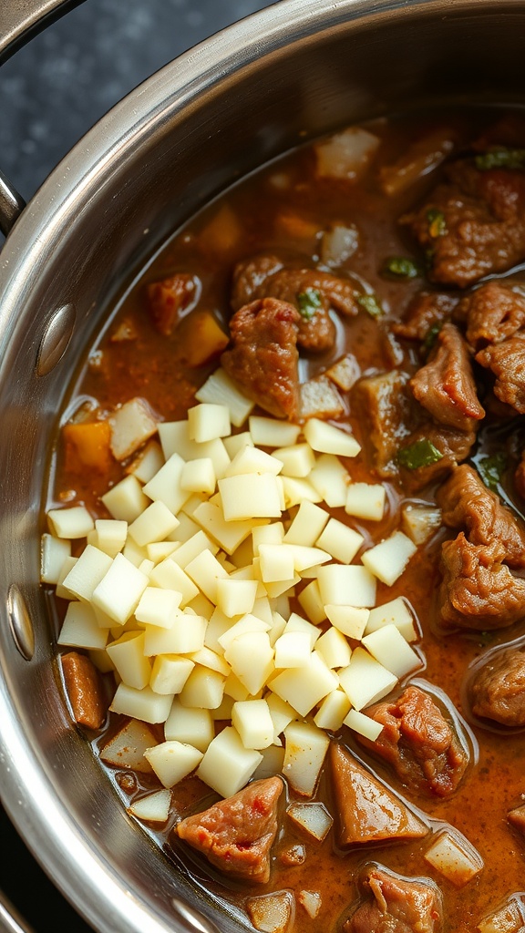 A pot of hearty beef stew with diced potatoes and tender meat.