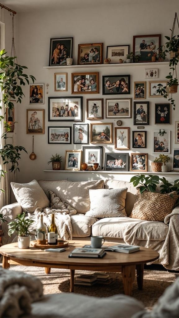 Cozy small living room with a gallery wall of framed photos, plants, and a wooden coffee table.