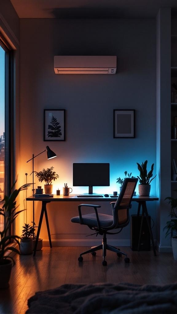 A cozy home office setup with ambient lighting, featuring a desk, computer, and plants.