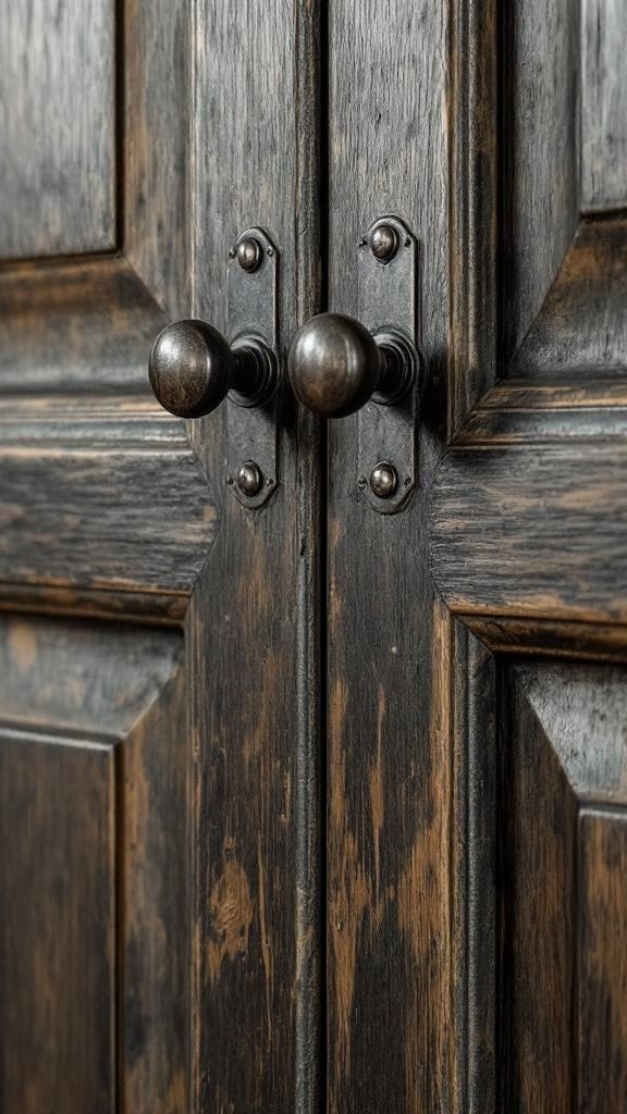 Close-up of antique dark metal hardware on wooden cabinet doors