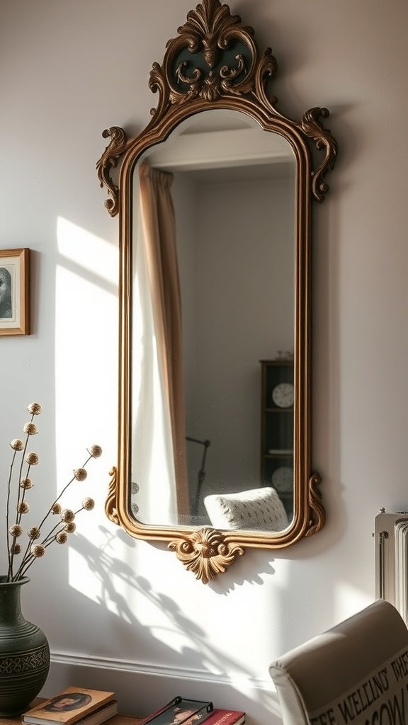 An ornate antique mirror with a golden frame reflecting light in a cozy living room setting.