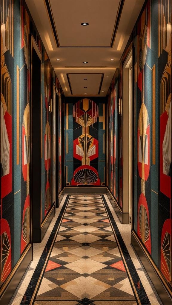 A hallway featuring vibrant Art Deco wallpaper with geometric patterns and warm lighting.