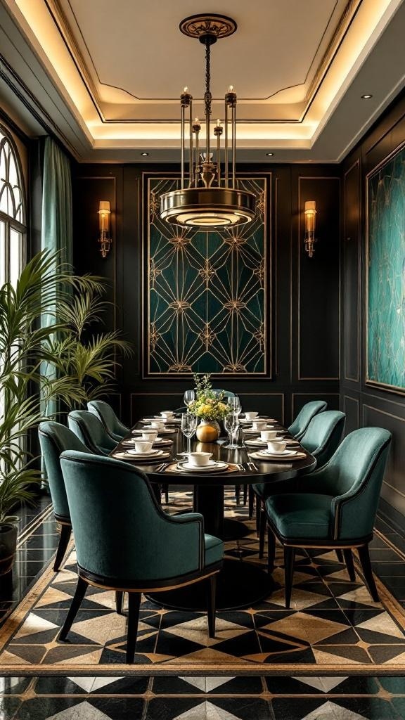 Art Deco inspired dining room with green and gold accents, featuring a round table and plush chairs.