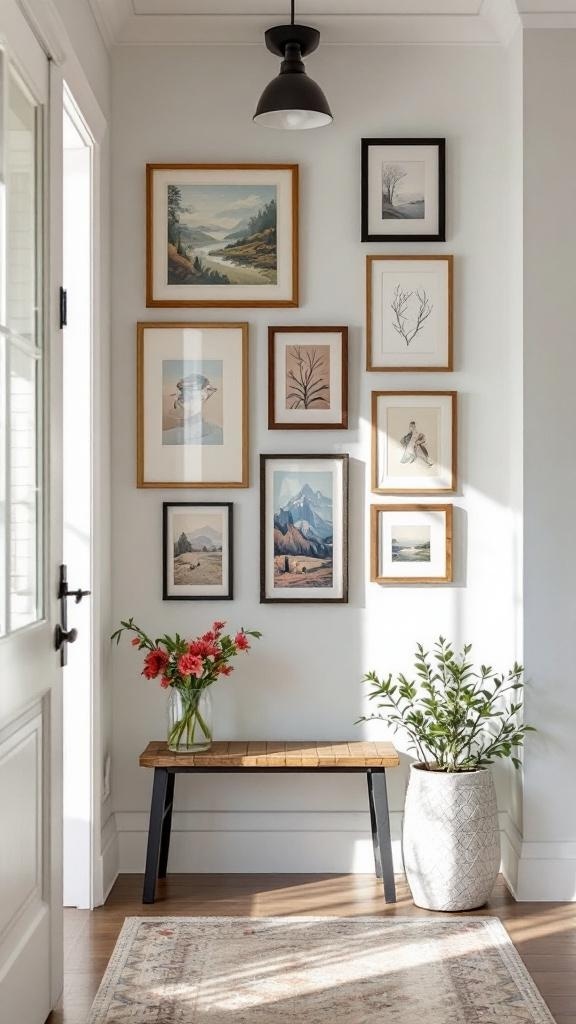Narrow entryway with an art gallery display featuring various framed artworks, a wooden bench, and fresh flowers.