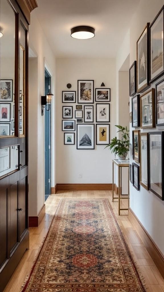 A hallway featuring an art gallery wall with framed black and white photographs.