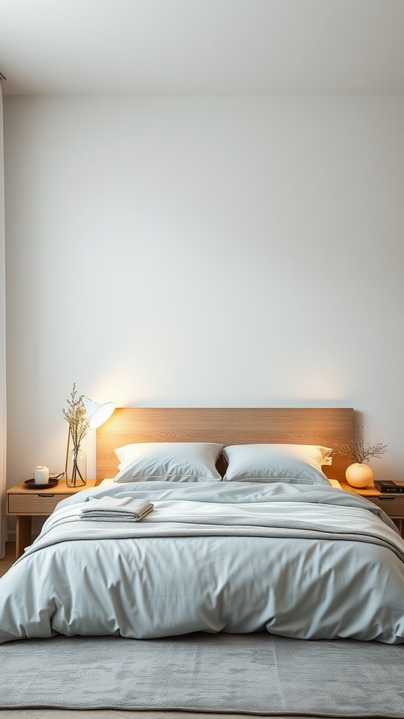 A minimalist bedroom with a wooden bed, soft bedding, and stylish bedside lighting.