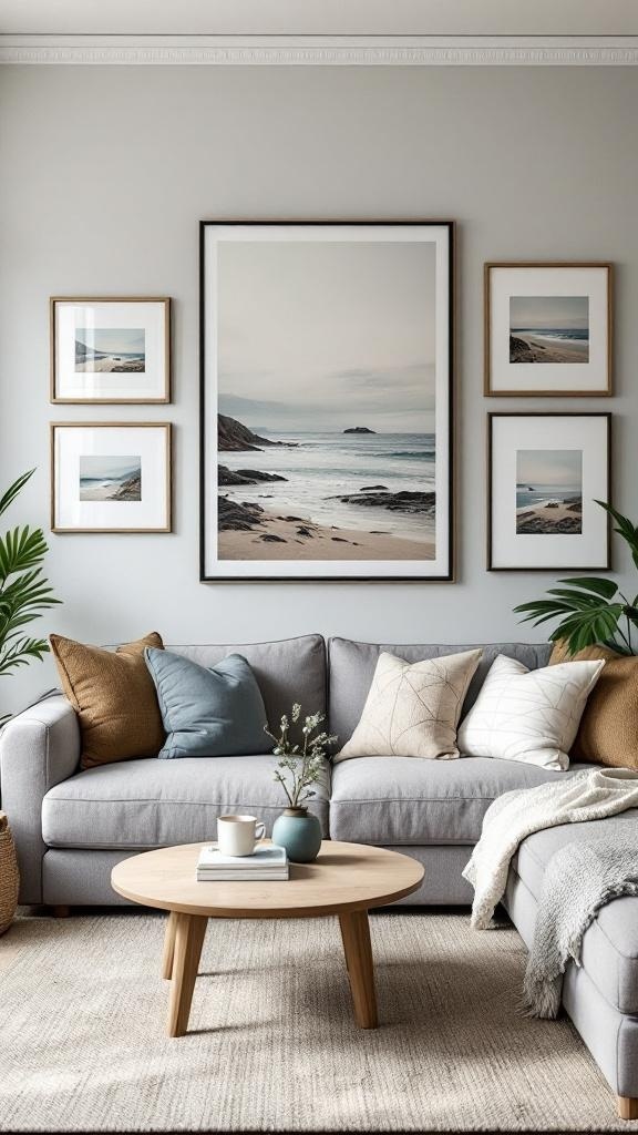 A cozy lounge room with a grey sofa, decorative pillows, a wooden coffee table, and artful wall decor featuring beach scenes.