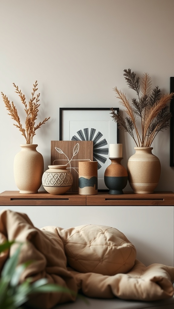 A collection of artisan crafted vases and decor items on a wooden shelf in a cozy living room setting.