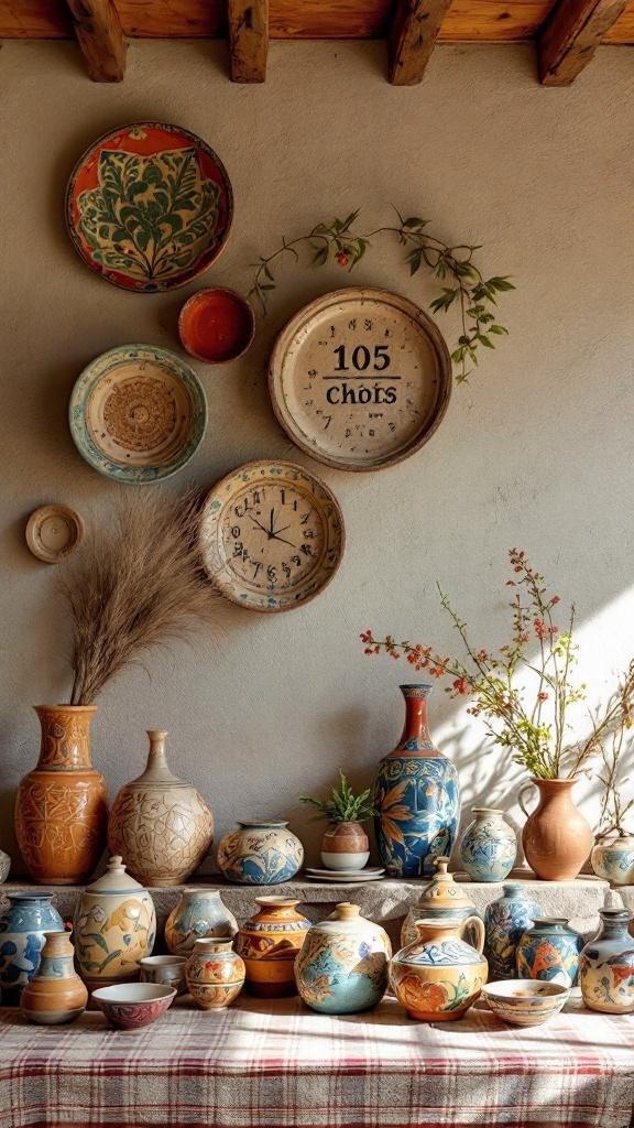 A collection of artisan crafted pottery and decorative pieces displayed on a rustic table, featuring vases, bowls, and plates with intricate designs.