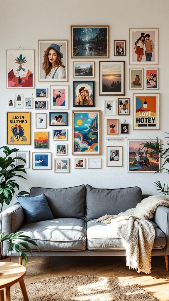 A stylish living room with a grey couch and a vibrant gallery wall filled with various framed artworks and photos.