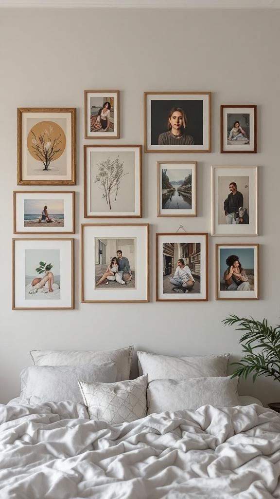 A stylish gallery wall featuring a mix of framed photos and artwork above a bed with soft bedding.