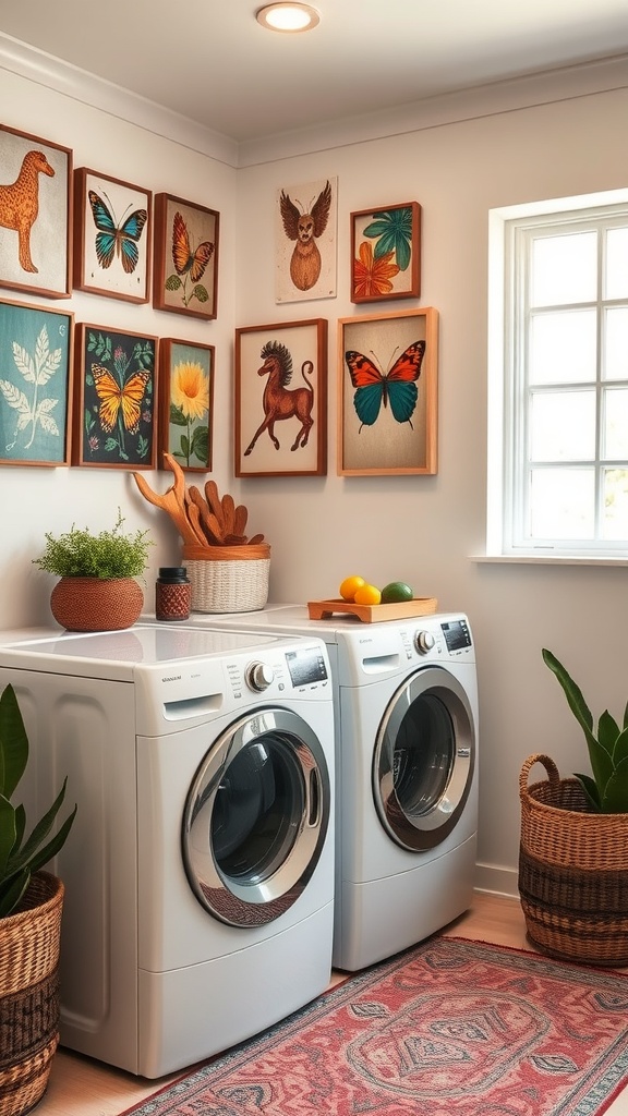 A colorful laundry room featuring unique wall art, modern appliances, and decorative plants.