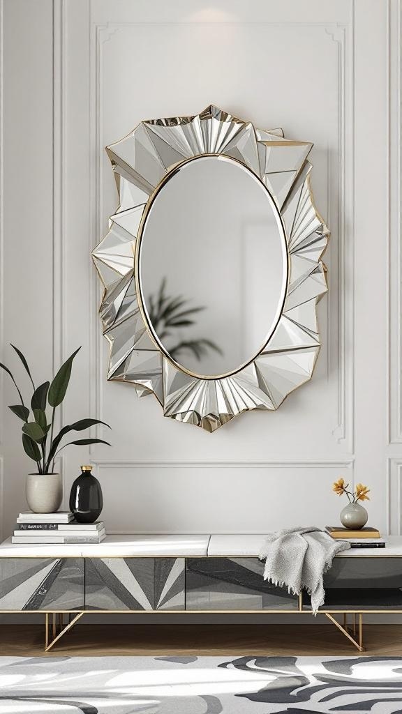 An artistic wall mirror with a sunburst design above a modern console table in a stylish living room.