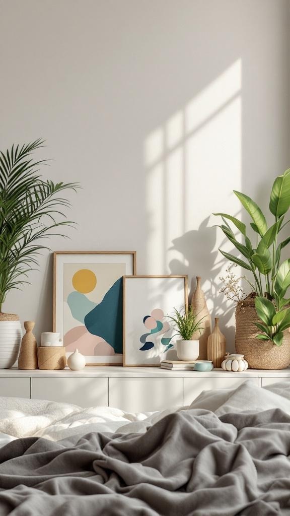 A contemporary bedroom featuring artistic decor with plants, framed artwork, and cozy bedding.