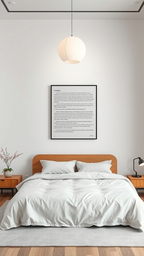 Minimalist bedroom featuring a large framed text art piece on the wall, wooden bed, and pendant light.
