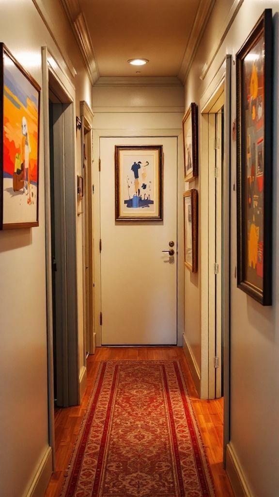 A narrow hallway with various framed artworks on the walls and a decorative rug on the floor.