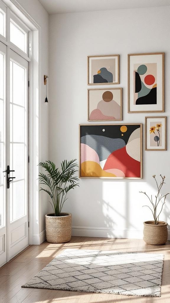 Modern entryway with artistic wall decor featuring colorful framed artworks and plants.