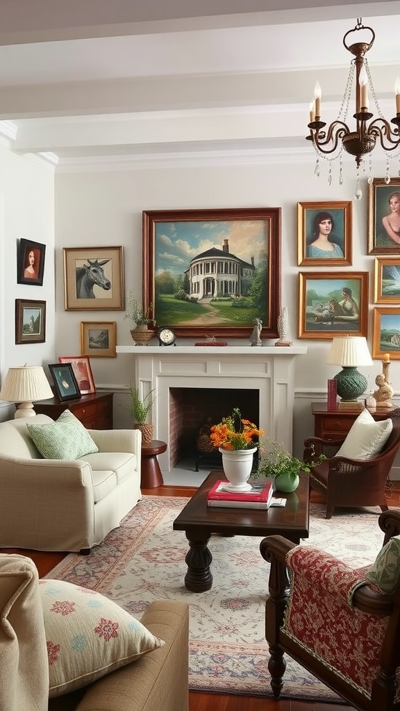 Cozy living room with various framed artworks and family heirlooms, featuring comfortable furniture and warm decor.
