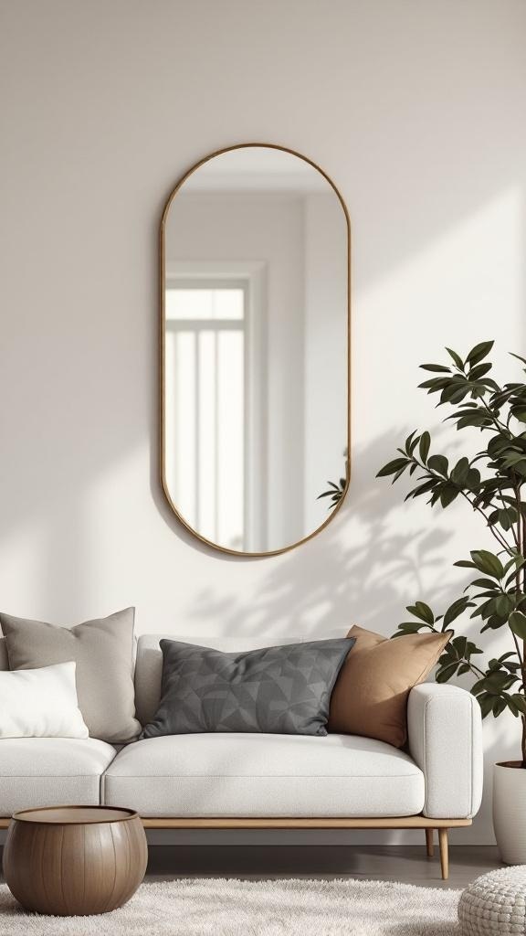 A modern living room featuring an asymmetrical oval mirror above a light-colored sofa with decorative pillows and a plant.