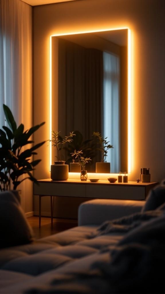 A modern backlit mirror with warm lighting in a cozy living room setting.