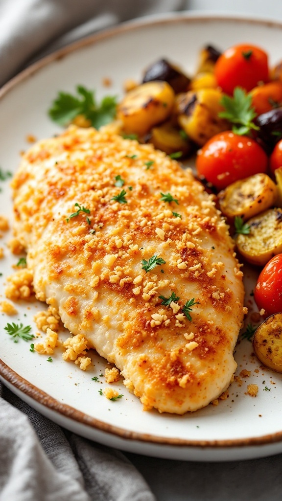 A baked chicken breast with a crispy Parmesan crust served with roasted vegetables