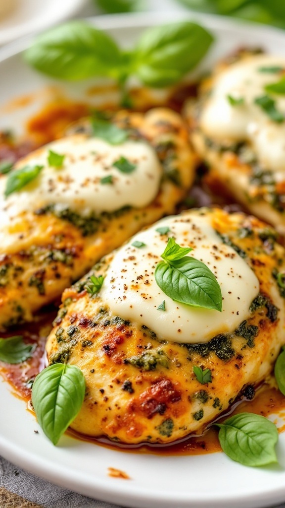 Baked Pesto Chicken with Mozzarella served on a plate garnished with fresh basil.
