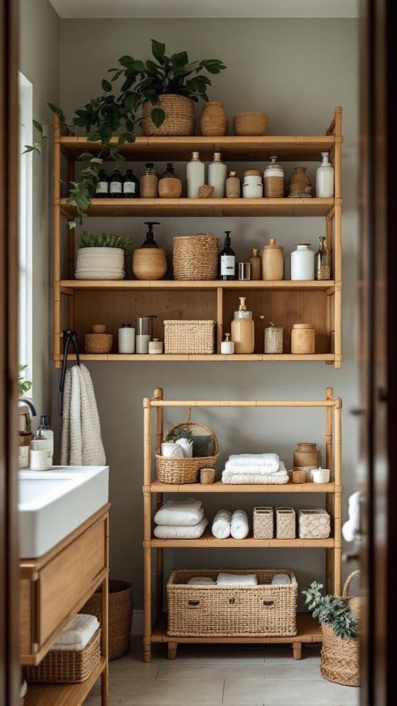 A Japandi bathroom with bamboo shelves displaying various storage containers and plants.
